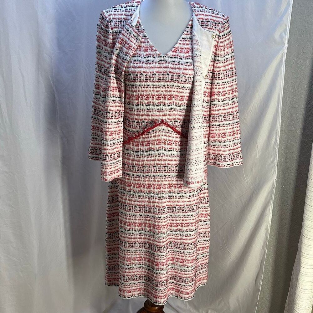 ST JOHN knit dress & jacket suit pink/black/white boucle tweed Sz 12 light/ soft